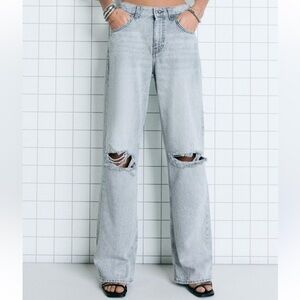 Design Lab Lord & Taylor Light Blue wide Leg Jeans distressed high waist size 31